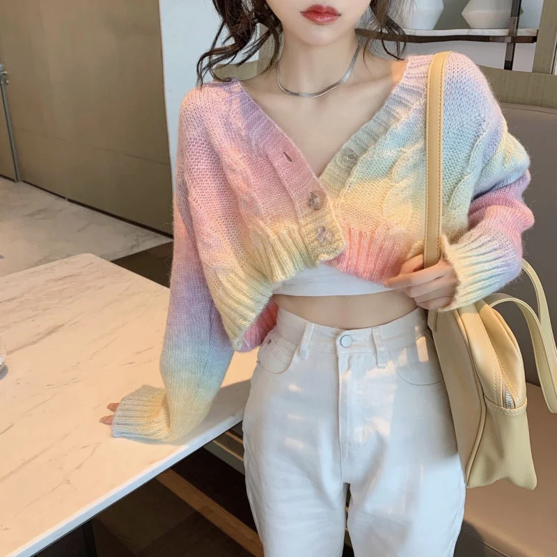 KittenAlarm - Cropped Rainbow Colors Knitted Cardigan Sweater