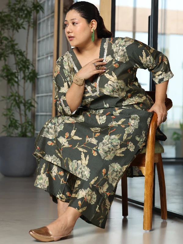 Plus Size Grey Printed Silk Blend Straight Kurta Set