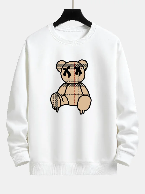 Plaid Pattern Dissolving Bear Print Relax Fit Sweatshirt