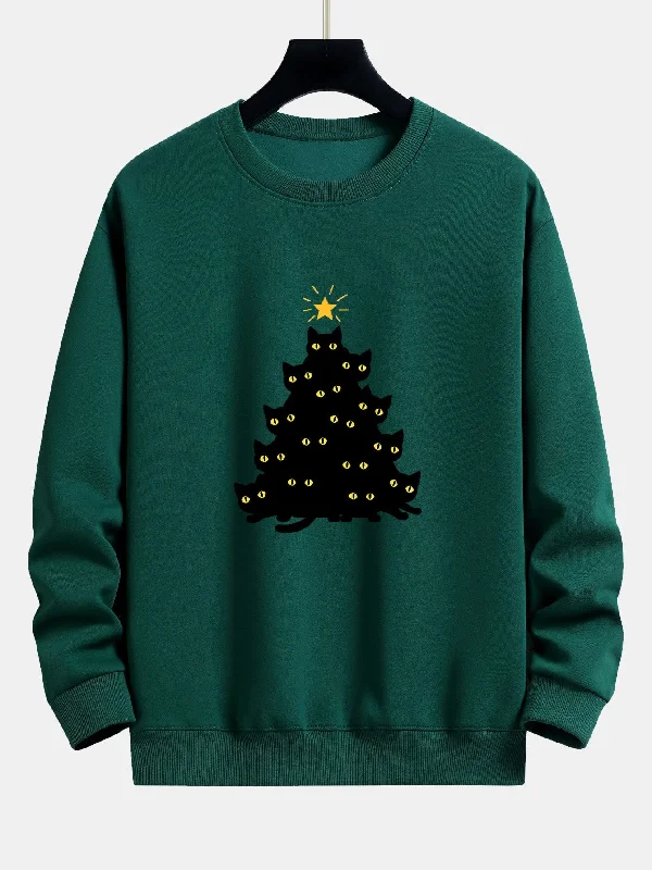 Black Cat Christmas Tree Print Relax Fit Sweatshirt