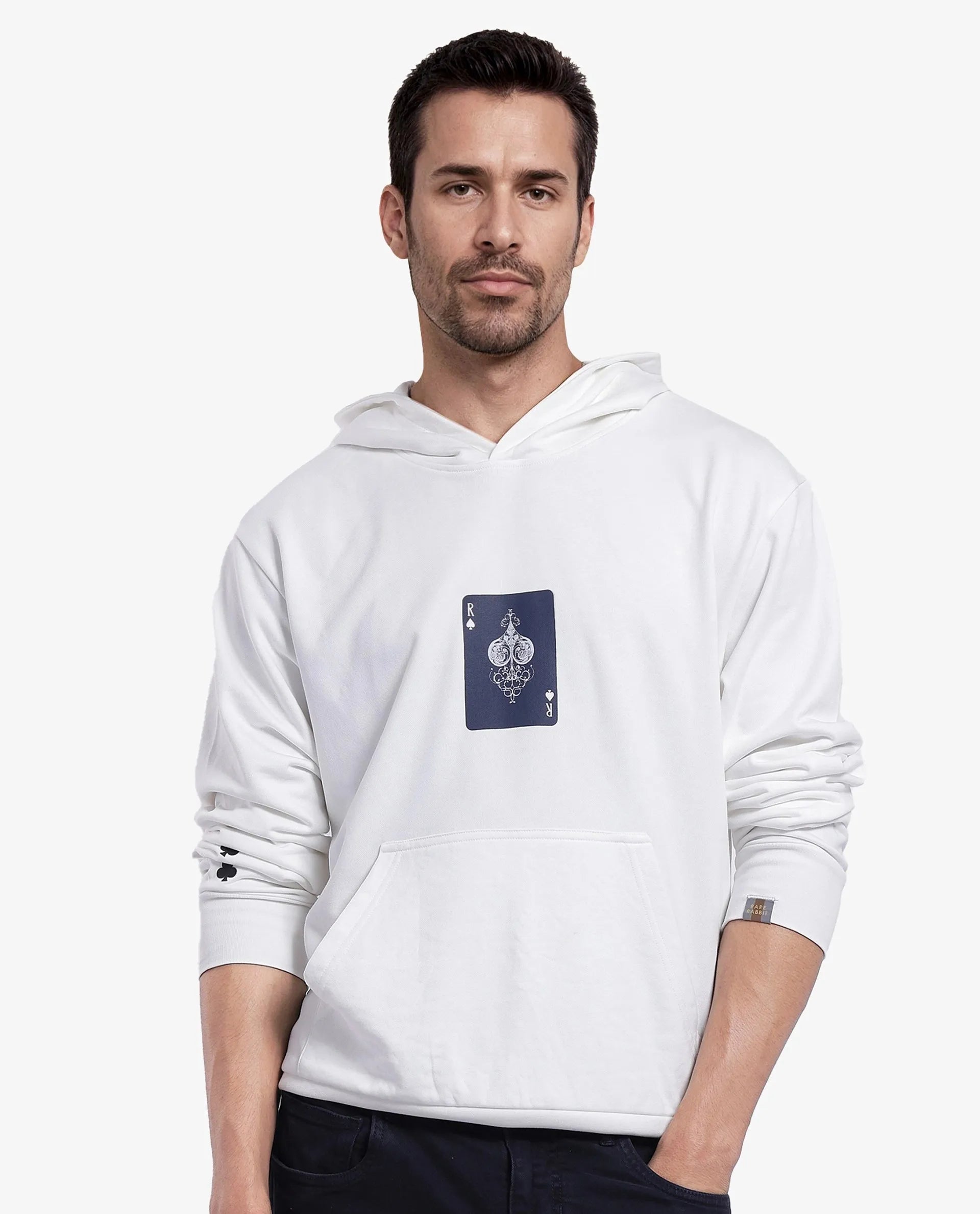 Rare Rabbit Men Meloro Off White Cotton Polyester Fabric Full Sleeve Hooded Regular Fit Printed Sweatshirt