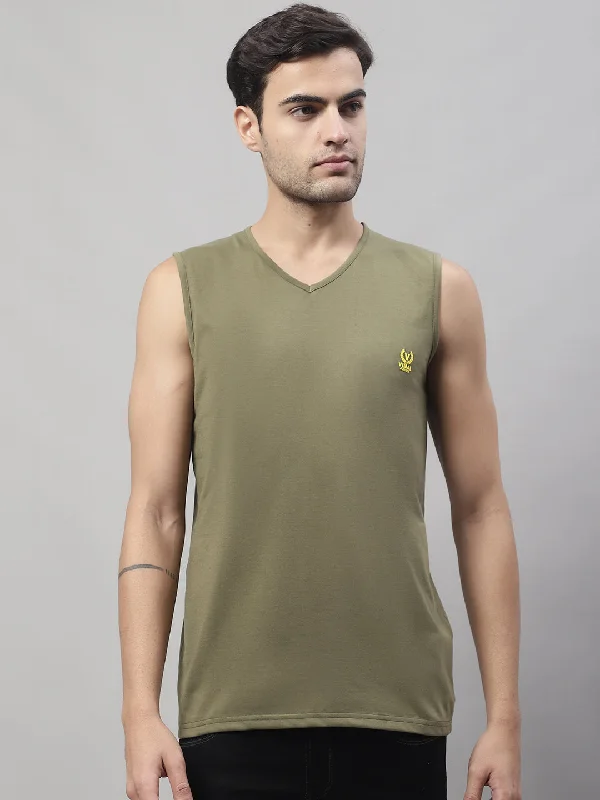 Vimal Jonney Regular Fit Cotton Solid Olive Gym Vest for Men