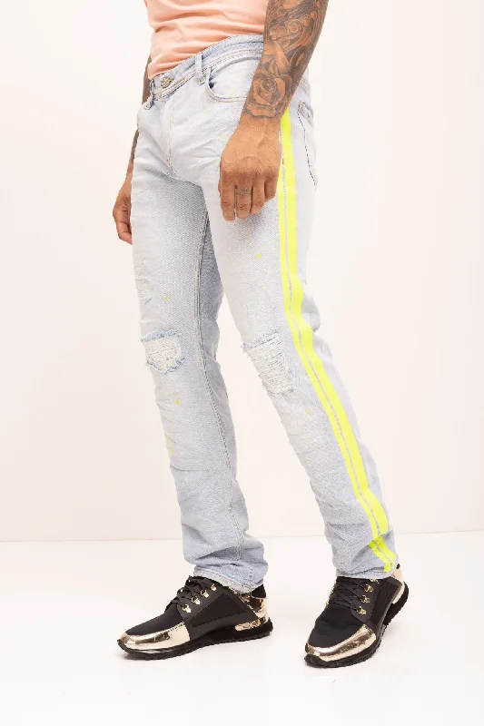 Neon Yellow Splattered Stripe Cotton Jeans -  Indigo