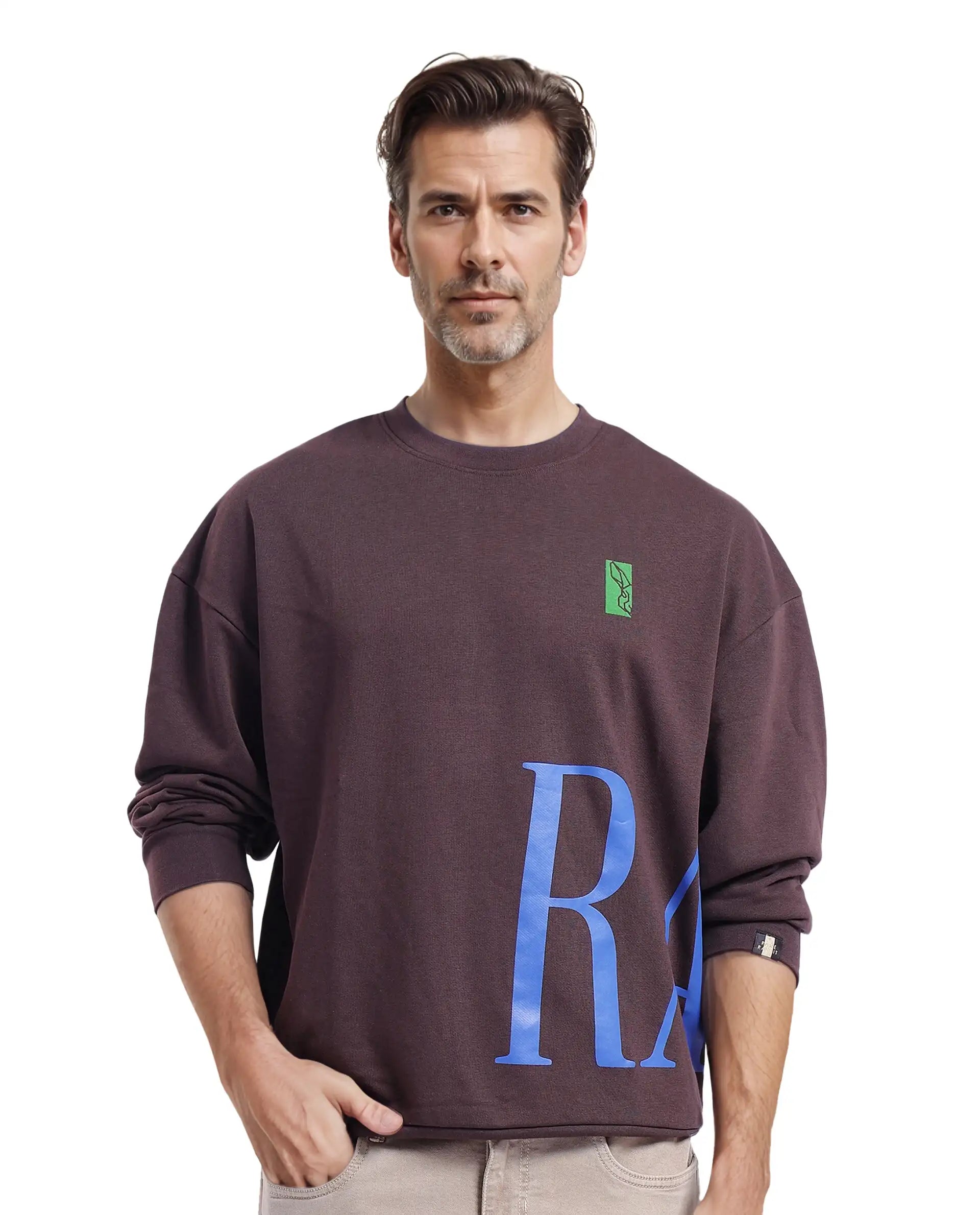 Rare Rabbit Men's Kacey Dark BrownCotton Blend Fabric Full Sleeve Crew Neck Boxy Fit Flock Print Logo and Placement Print Sweatshirt