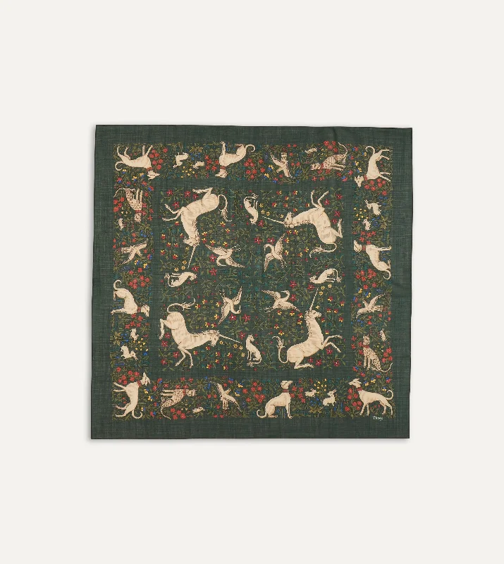 Green Unicorn Print Wool-Silk Square Scarf