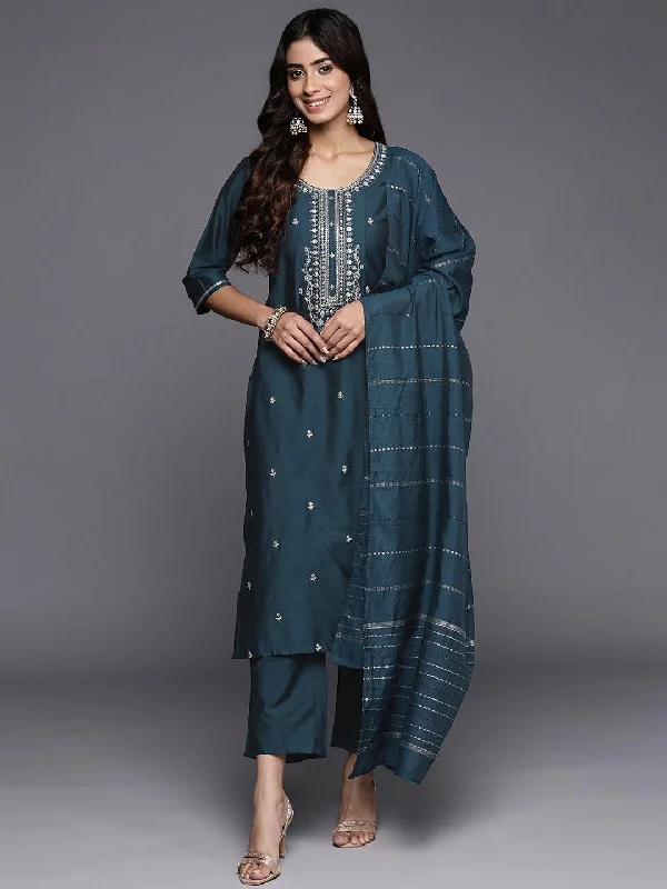 Blue Embroidered Silk Blend Straight Suit With Dupatta