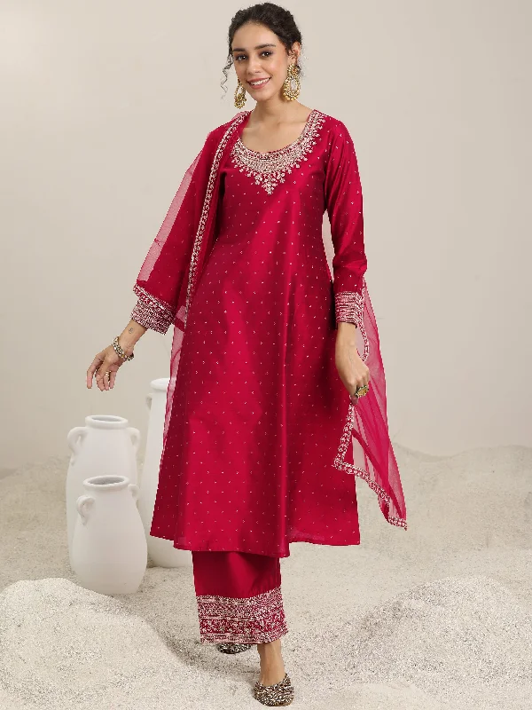 Maroon Woven Design Chanderi Silk A-Line Kurta With Palazzos & Dupatta