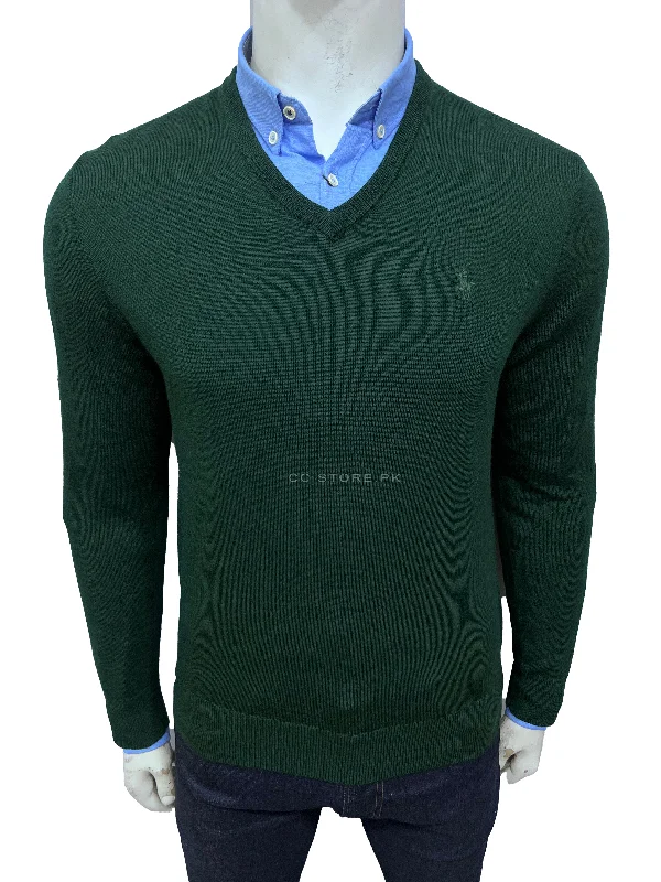 RL V-Neck Washable Merino Wool Green Sweater