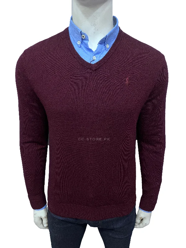 RL V-Neck Washable Merino Wool Maroon Sweater