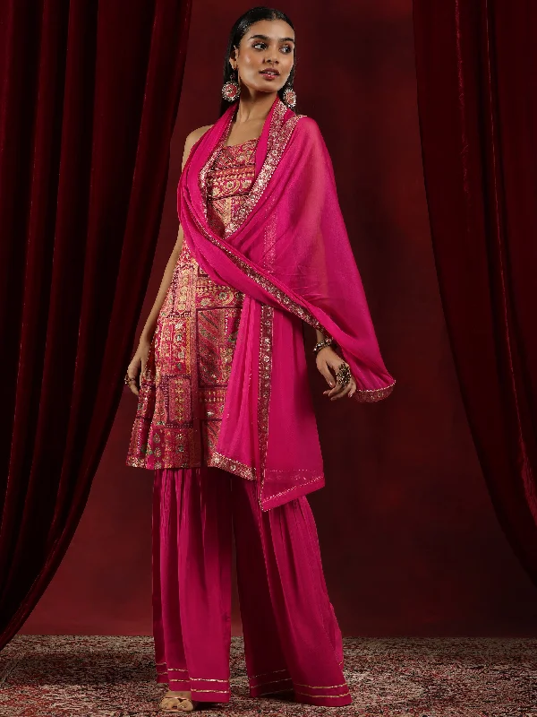 Libas Art Pink Woven Design Silk Blend Straight Suit With Dupatta