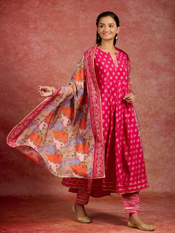 Pink Printed Silk Blend Anarkali Suit With Dupatta