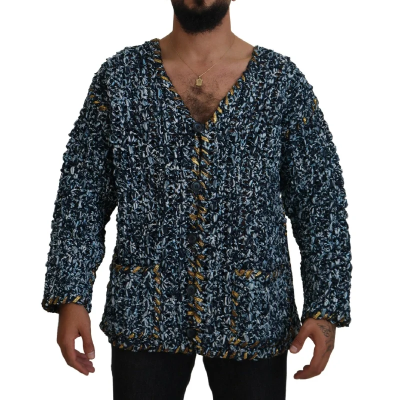 Dolce & Gabbana Elegant Blue V-Neck Cardigan Men's Sweater