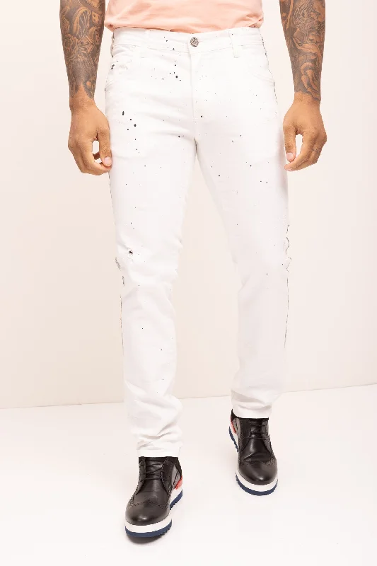 Black Paint Splattered Side Striped Jeans - White