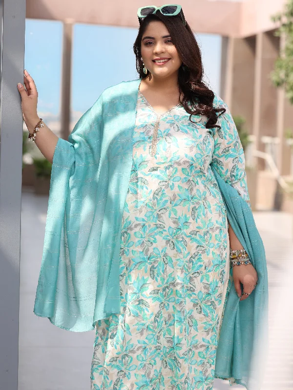 Plus Size Blue Printed Cotton Blend Straight Suit With Dupatta