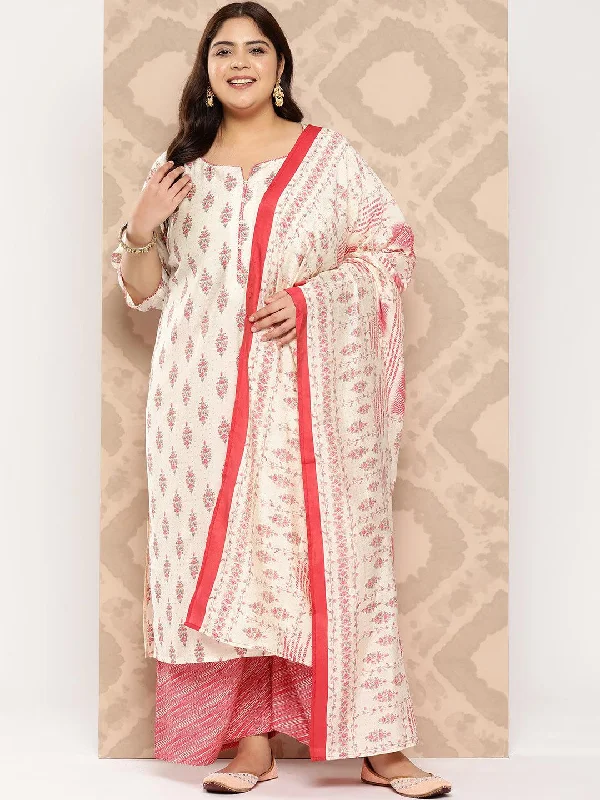 Cream Printed Silk Blend Straight Kurta With Palazzos and Dupatta