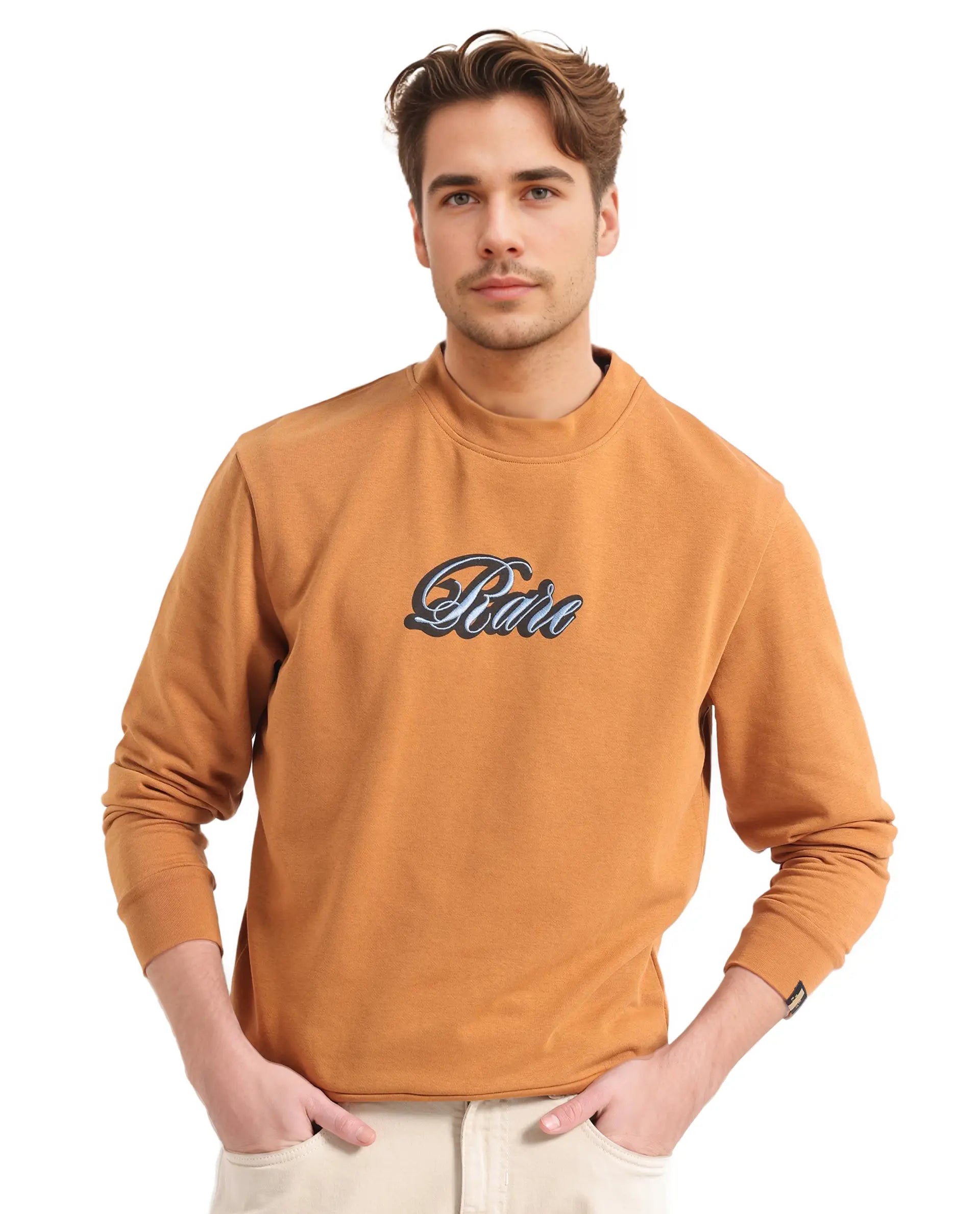 Rare Rabbit Men's Frejus Dusky Orange Cotton Blend Fabric Full Sleeve Crew Neck Printed Sweatshirt