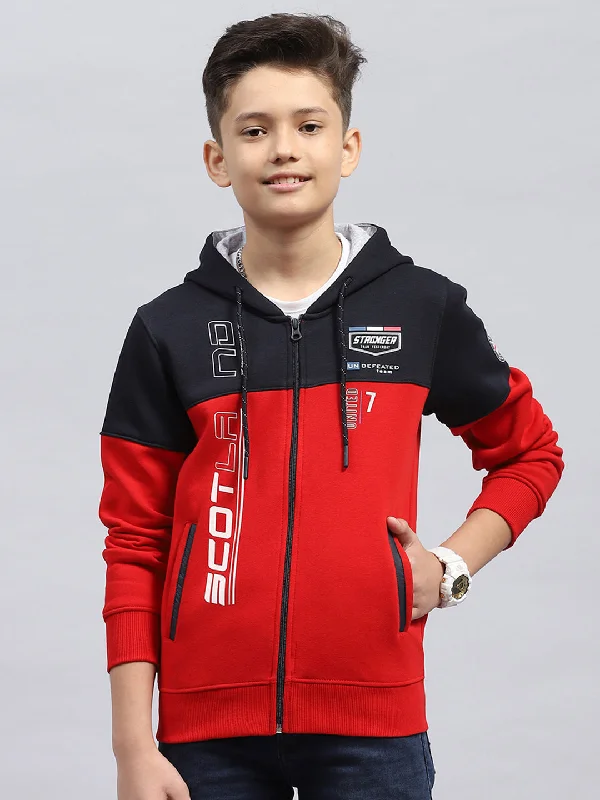 Boys Red Printed Hooded Full Sleeve Sweatshirt