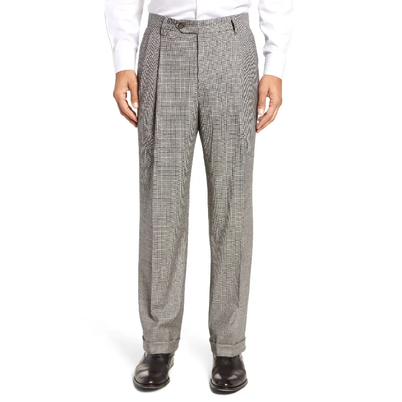 Stretch Wool Fancies Trouser in Black & White Houndstooth Check (Milan Double Reverse Pleat) by Berle