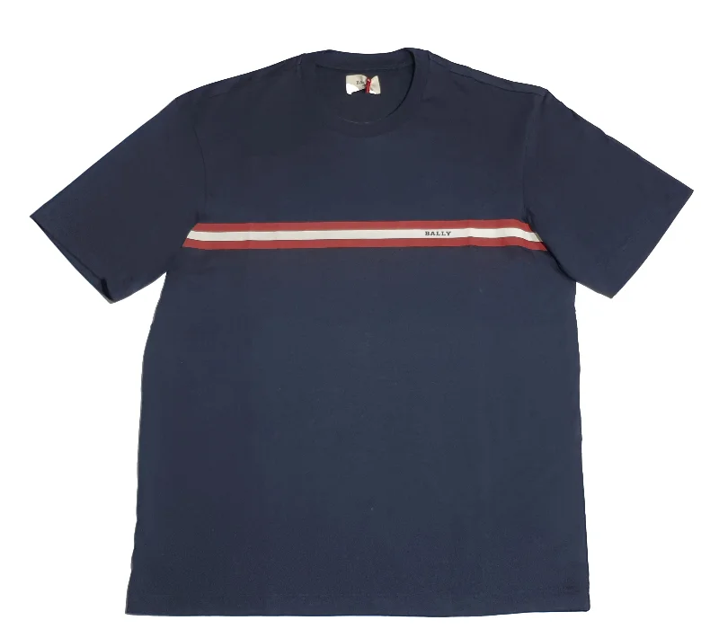 Bally 6233735 Men's Navy Blue 100% Cotton Striped Logo T-Shirt