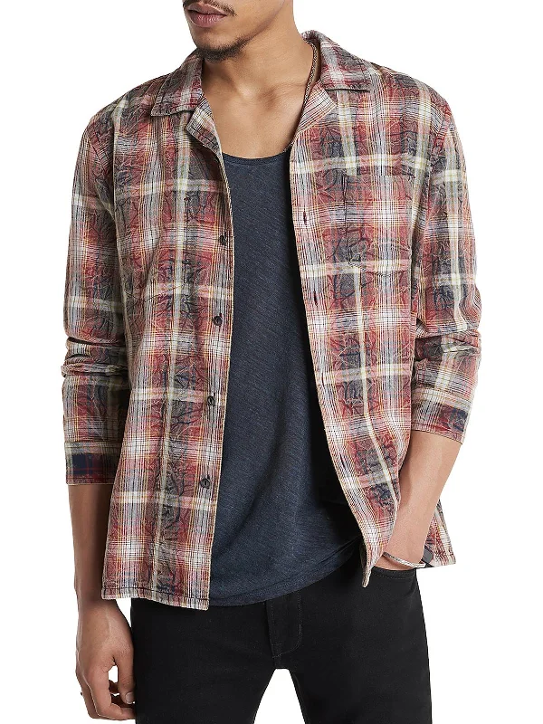 Mens Cotton Plaid Button-Down Shirt