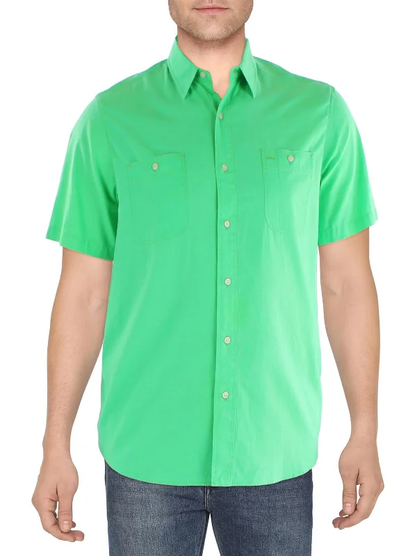 Mens Solid Cotton Button-Down Shirt