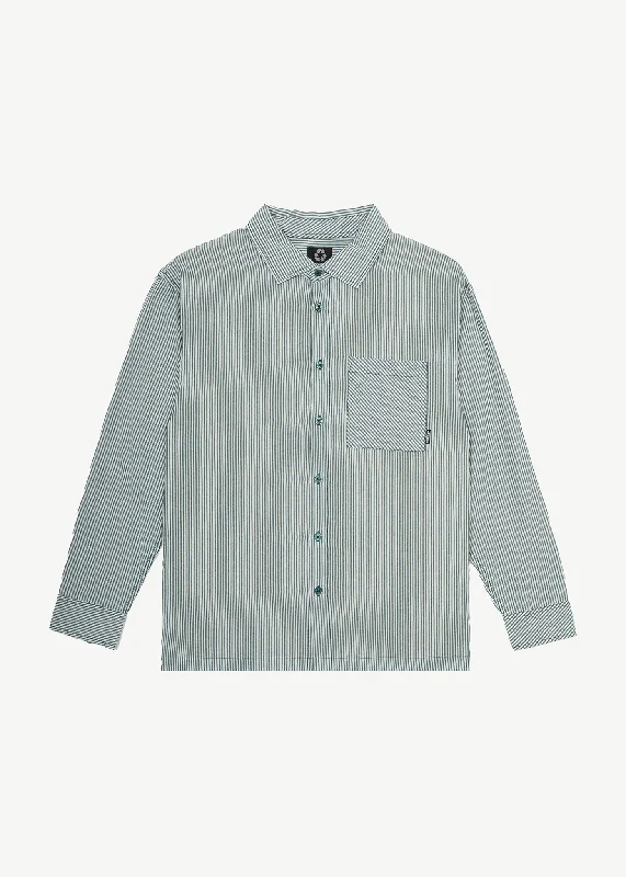 AFENDS Mens Intergalactic - Long Sleeve Shirt - Emerald Stripe