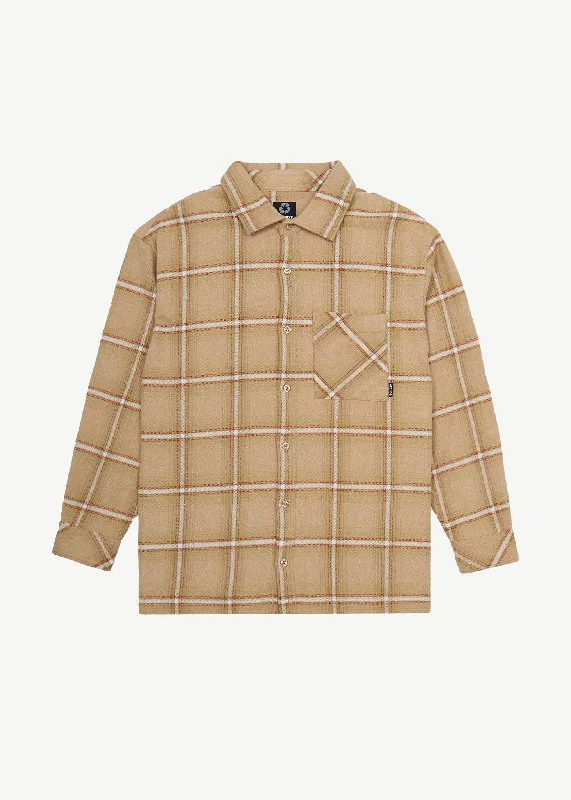 AFENDS Mens Sandstorm - Flannel Long Sleeve Shirt - Camel Check